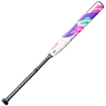 The 2026 DeMarini CF FE (-11) Fastpitch Softball Bat (WBD2630010 DEMO) features a black grip and a white Paraflex Plus Composite Barrel with bold pink, teal, and purple geometric designs, shown on a white background.