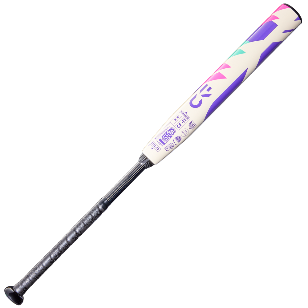 The 2026 DeMarini CF FE (-11) Fastpitch Softball Bat (WBD2630010) features a white Paraflex Plus Composite Barrel with purple, teal, and pink geometric designs and a black grip, shown on a plain light background.