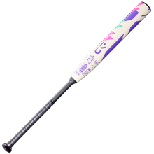 The 2026 DeMarini CF FE (-11) Fastpitch Softball Bat (WBD2630010) features a white Paraflex Plus Composite Barrel with purple, teal, and pink geometric designs and a black grip, shown on a plain light background.