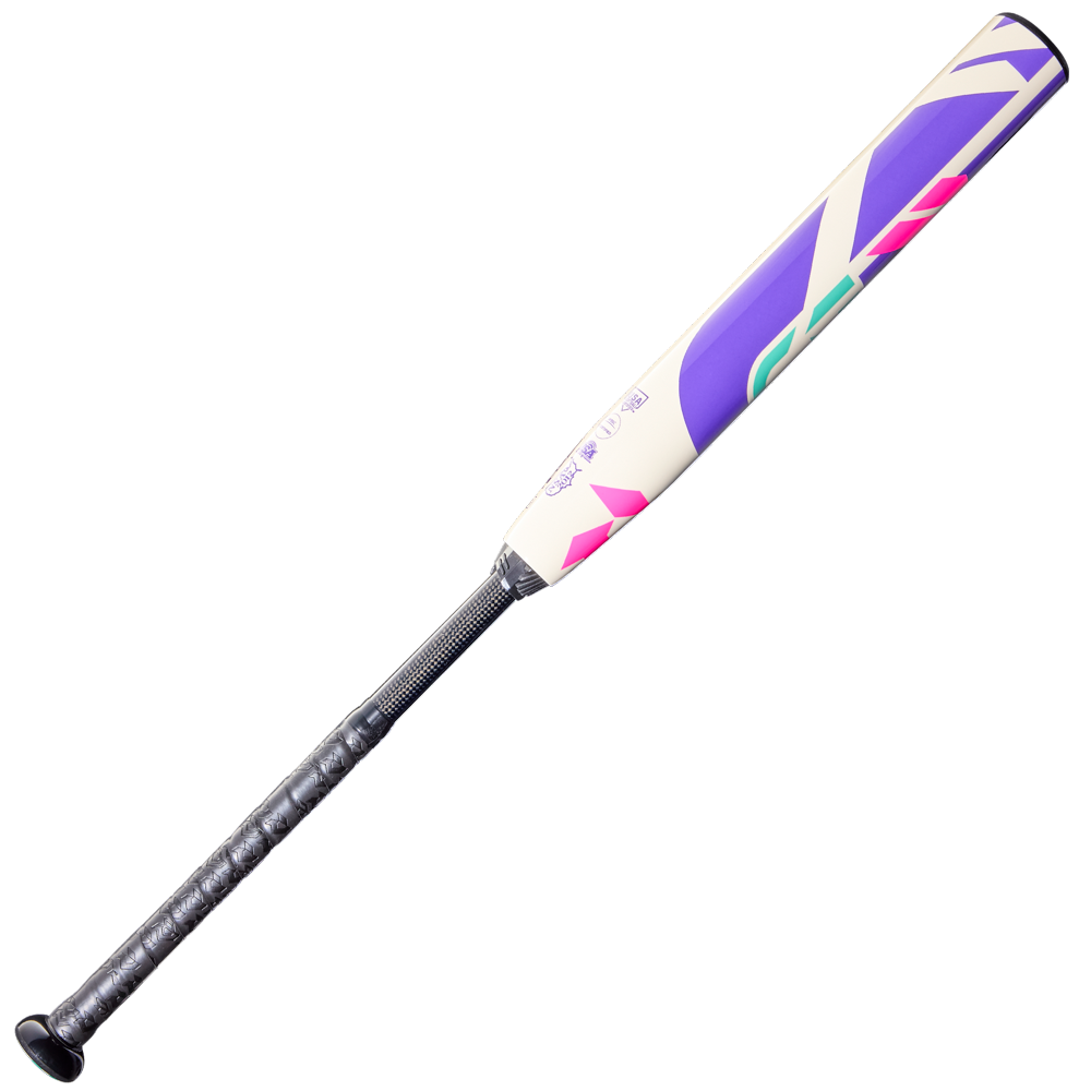 The 2026 DeMarini CF FE (-11) Fastpitch Softball Bat (WBD2630010 DEMO) features a black grip and cream Paraflex Plus Composite Barrel with purple, pink, and teal geometric patterns, displayed on a white background.