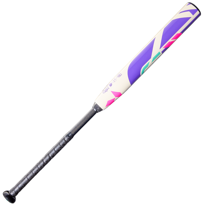 The 2026 DeMarini CF FE (-11) Fastpitch Softball Bat (WBD2630010 DEMO) features a black grip and cream Paraflex Plus Composite Barrel with purple, pink, and teal geometric patterns, displayed on a white background.