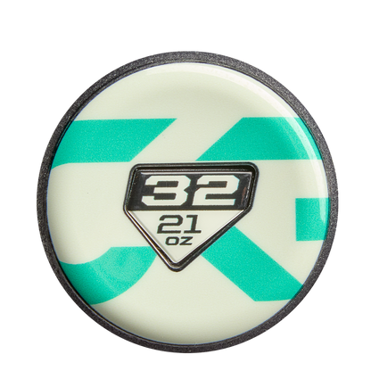 Round object with a white and teal background, black-outlined shield at center displaying "32 21 oz" in black—perfect for highlighting the 2026 DeMarini CF FE (-11) Fastpitch Softball Bat: WBD2630010 (DEMO) from DeMarini.