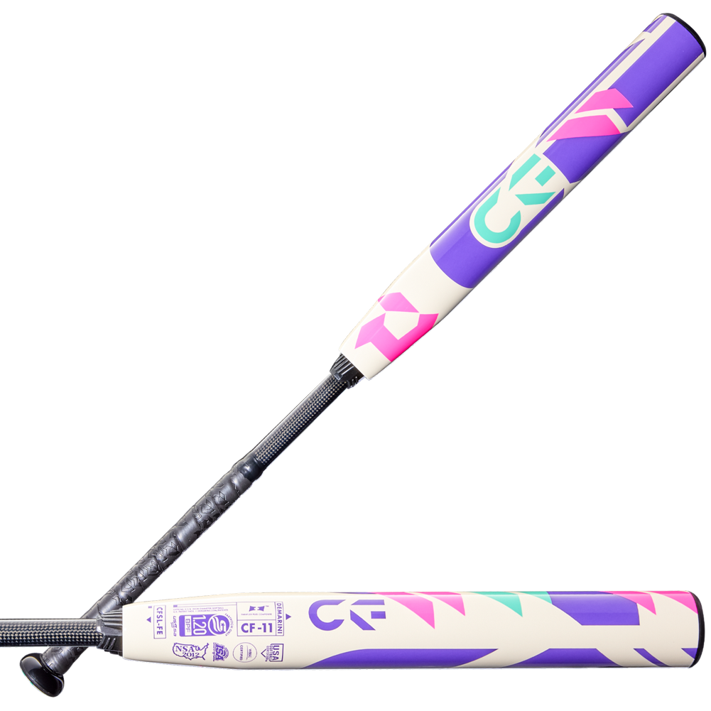 Two modern DeMarini 2026 CF FE (-11) Fastpitch Softball Bats (WBD2630010) with white bases and bold purple, pink, teal, and green geometric designs are crossed on a light gray background.