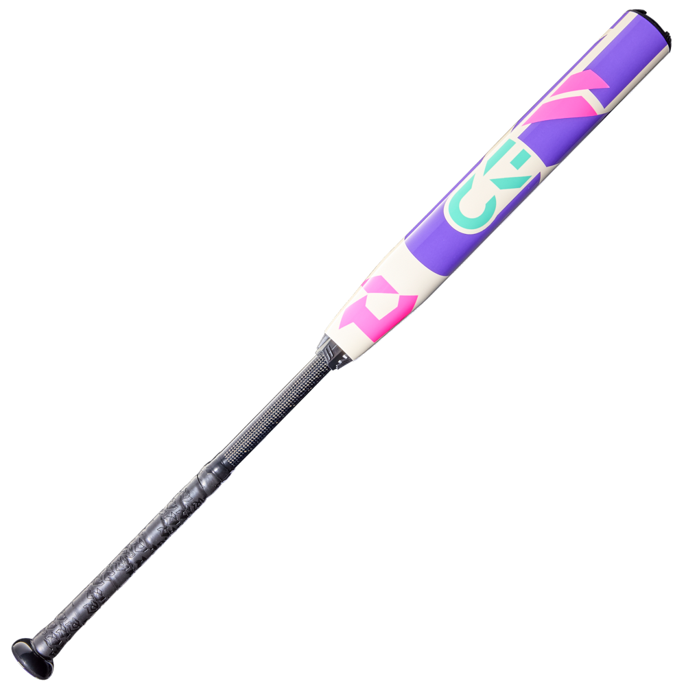 The 2026 DeMarini CF FE (-10) Fastpitch Softball Bat features a black handle, Paraflex Plus Composite Barrel, and a balanced swing weight with a vibrant geometric purple, teal, pink, and white design on a light background.