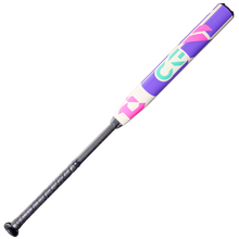 The 2026 DeMarini CF FE (-10) Fastpitch Softball Bat features a black handle, Paraflex Plus Composite Barrel, and a balanced swing weight with a vibrant geometric purple, teal, pink, and white design on a light background.