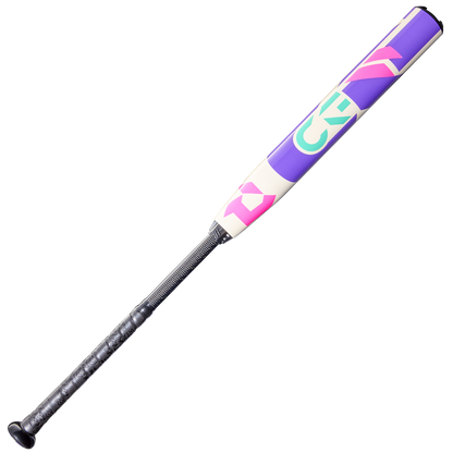 The 2026 DeMarini CF FE (-10) Fastpitch Softball Bat features a black handle, Paraflex Plus Composite Barrel, and a balanced swing weight with a vibrant geometric purple, teal, pink, and white design on a light background.