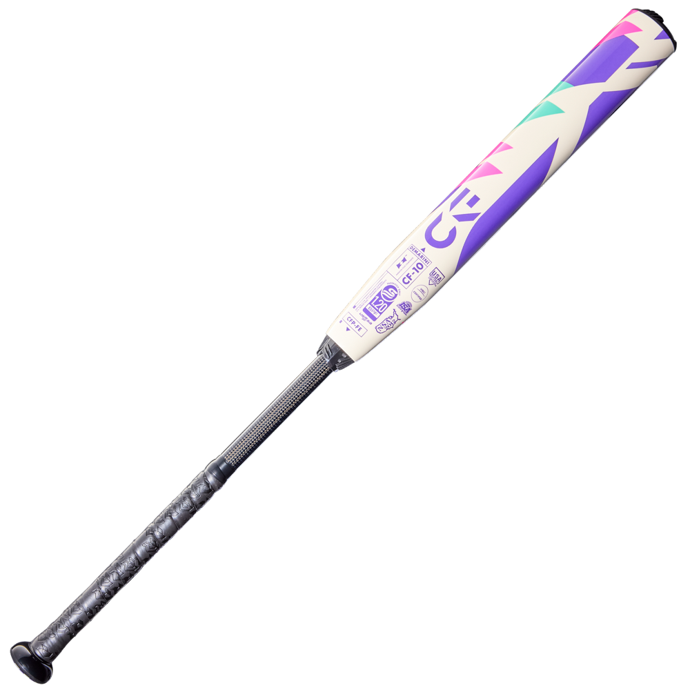 The 2026 DeMarini CF FE (-10) Fastpitch Softball Bat: WBD2631010 (DEMO) features a purple and white design and a Paraflex Plus Composite Barrel for balanced swing weight and top performance.