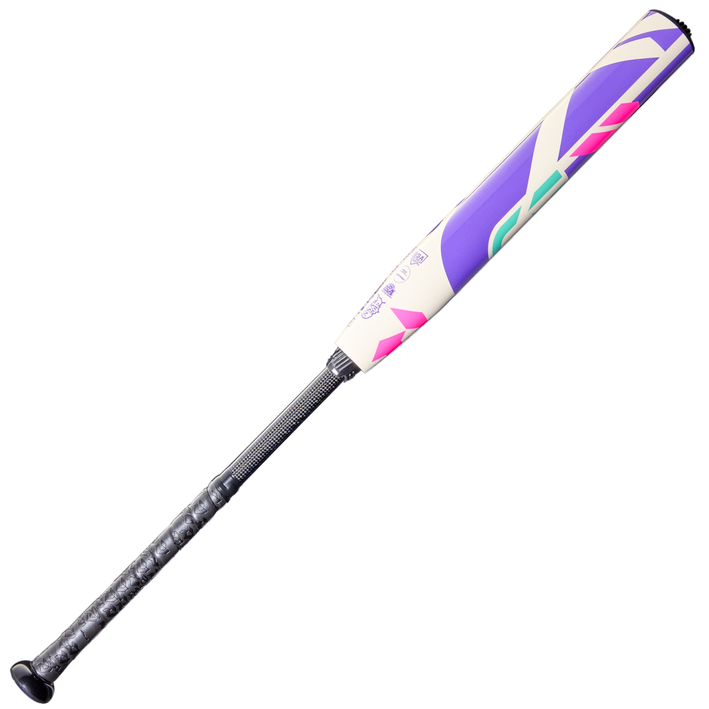 The 2026 DeMarini CF FE (-10) Fastpitch Softball Bat (WBD2631010 DEMO) features a black grip and abstract purple, pink, and teal Paraflex Plus Composite Barrel for a balanced swing, shown on a plain white background.