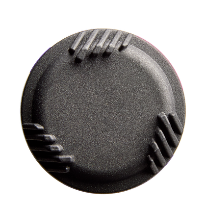 A round, black object with a matte finish and three sets of raised ridges resembling the 2026 DeMarini CF FE (-10) Fastpitch Softball Bat by DeMarini, photographed on a white background.