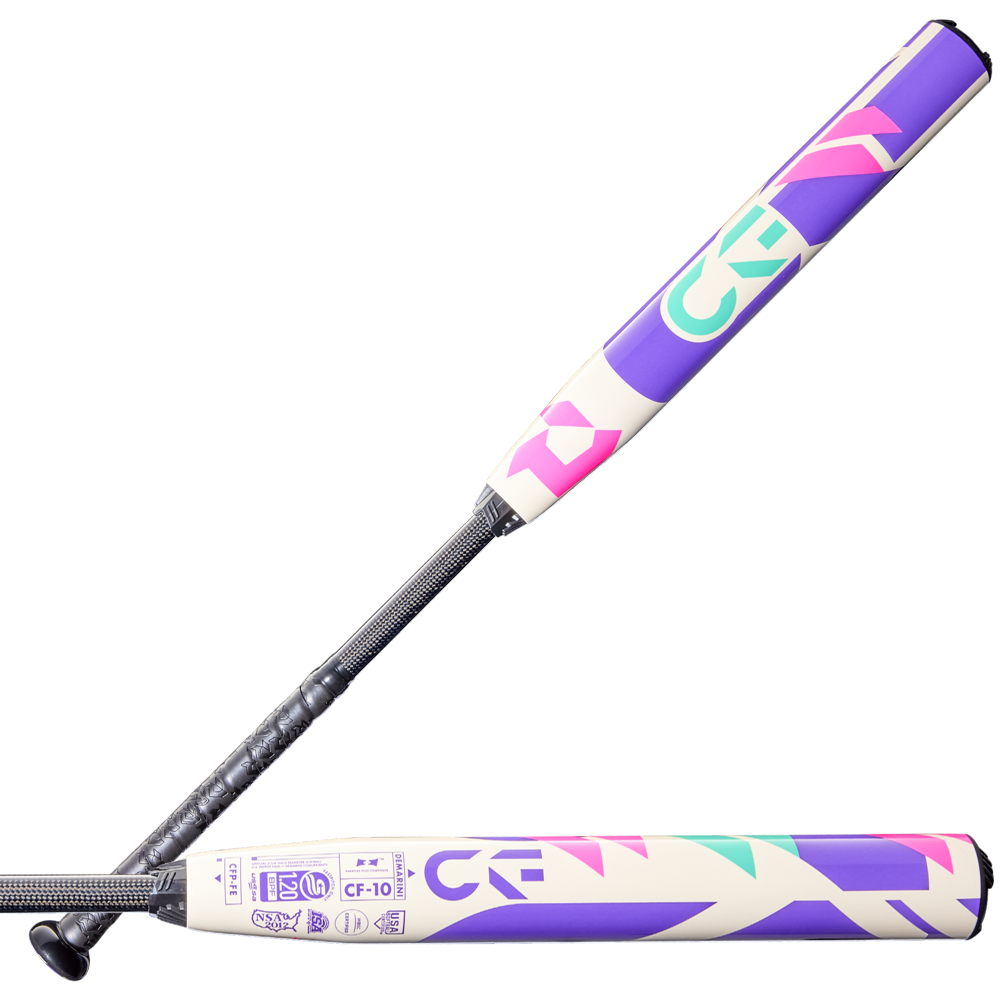 The 2026 DeMarini CF FE (-10) Fastpitch Softball Bat features a white base with bold purple, pink, teal, and yellow geometric designs, a Paraflex Plus Composite Barrel for balanced swing weight, and a dark textured grip.