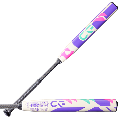 The 2026 DeMarini CF FE (-10) Fastpitch Softball Bat features a white base with bold purple, pink, teal, and yellow geometric designs, a Paraflex Plus Composite Barrel for balanced swing weight, and a dark textured grip.