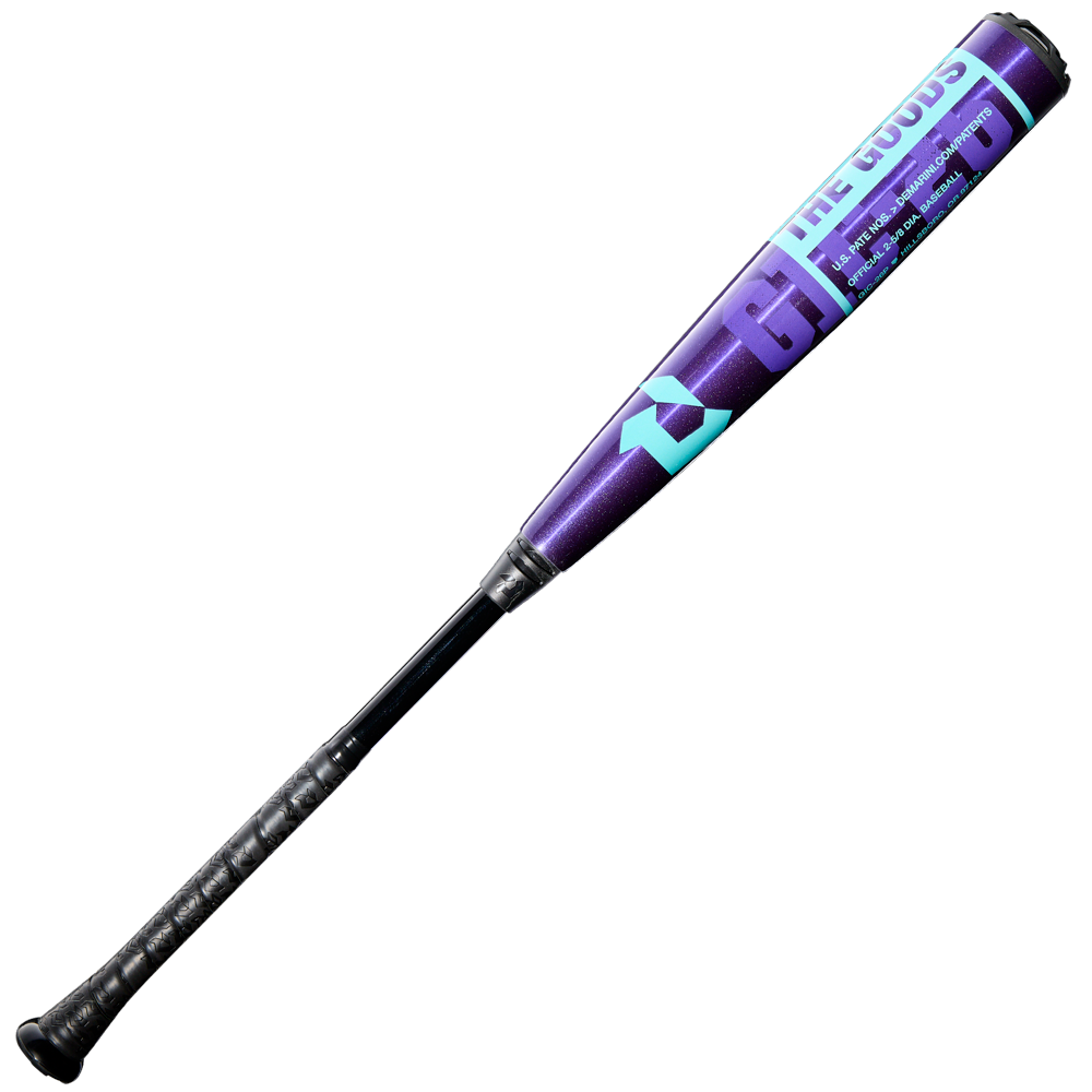 A 2026 DeMarini The Goods Royal Purple (-3) BBCOR Baseball Bat (WBD2634010) by DeMarini, shown in royal purple and black with teal accents and THE GOODS text, displayed on a white background.