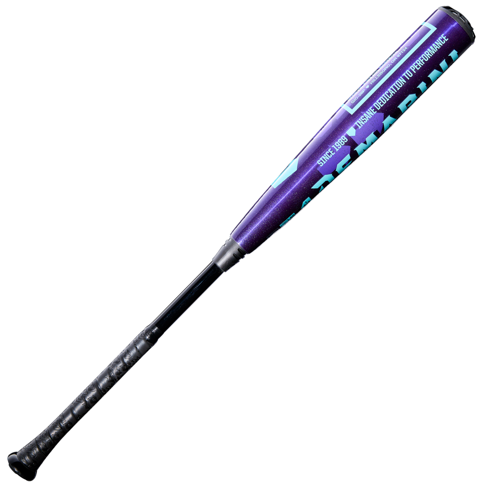The 2026 DeMarini The Goods Royal Purple (-3) BBCOR Baseball Bat (WBD2634010) features a royal purple and black design with a textured black grip handle and light blue barrel text, displayed on a white background.