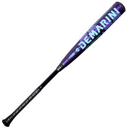 The 2026 DeMarini The Goods Royal Purple (-3) BBCOR Baseball Bat (WBD2634010) features a black handle, royal purple barrel, and turquoise branding.
