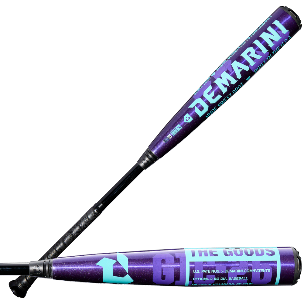 Two 2026 DeMarini The Goods Royal Purple (-3) BBCOR Baseball Bats (WBD2634010) by DeMarini are shown diagonally on a white background, featuring blue and white THE GOODS branding on the barrels.