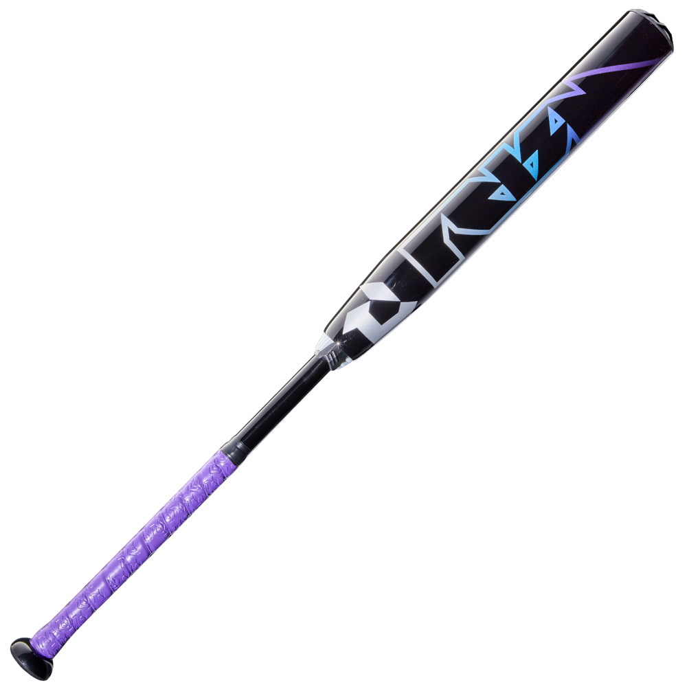 The 2026 DeMarini Prism+ (-11) Fastpitch Softball Bat (WBD2636010) features angular blue and purple geometric designs on its Continuous Fiber Composite Barrel and a purple textured grip, shown against a white background.