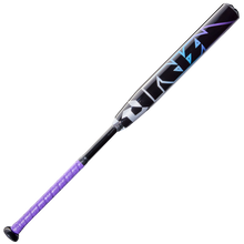 The 2026 DeMarini Prism+ (-11) Fastpitch Softball Bat (WBD2636010) features angular blue and purple geometric designs on its Continuous Fiber Composite Barrel and a purple textured grip, shown against a white background.