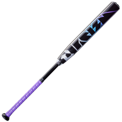 The 2026 DeMarini Prism+ (-11) Fastpitch Softball Bat (WBD2636010) features angular blue and purple geometric designs on its Continuous Fiber Composite Barrel and a purple textured grip, shown against a white background.