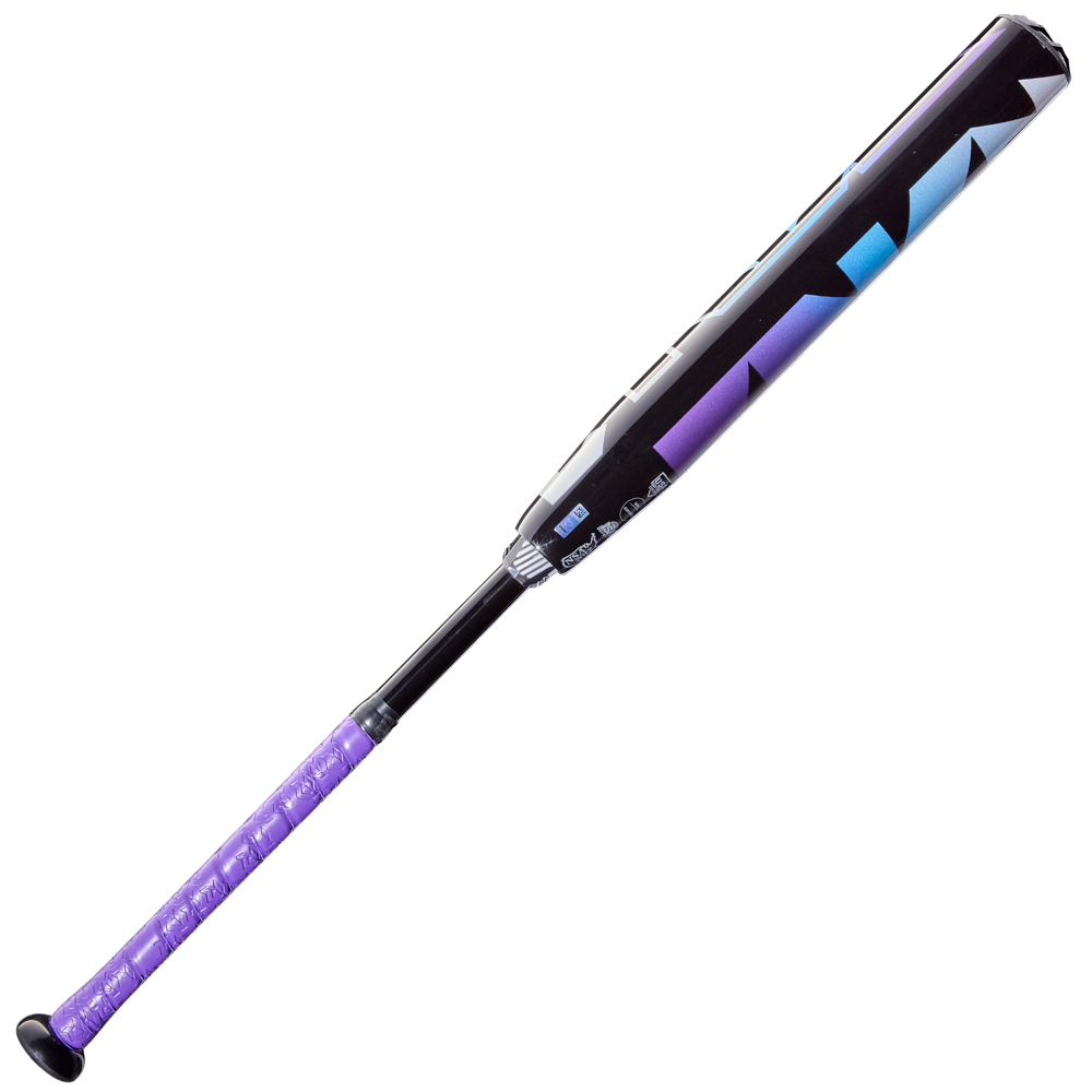The 2026 DeMarini Prism+ (-11) Fastpitch Softball Bat (WBD2636010) features a black barrel with blue and purple geometric designs, a Continuous Fiber Composite Barrel, and a purple grip, shown on a white background.