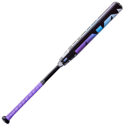 The 2026 DeMarini Prism+ (-11) Fastpitch Softball Bat (WBD2636010) features a black barrel with blue and purple geometric designs, a Continuous Fiber Composite Barrel, and a purple grip, shown on a white background.