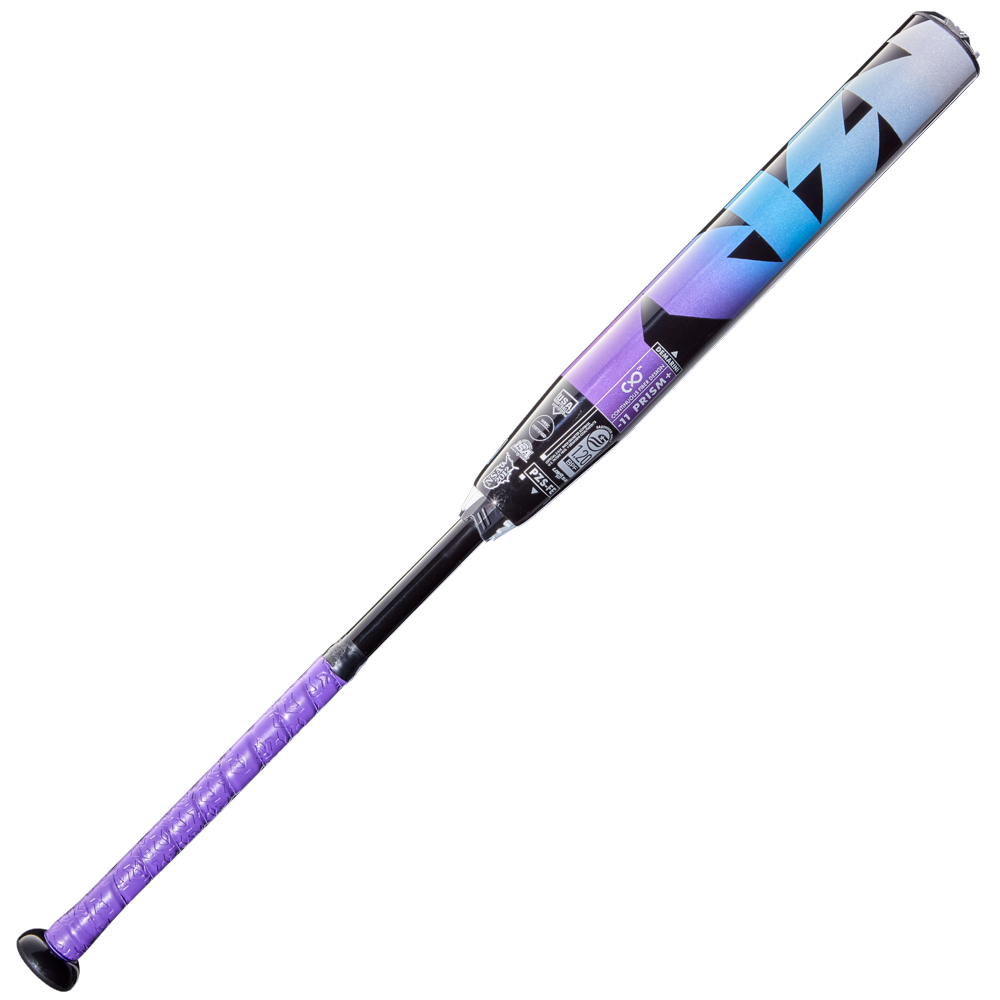 The 2026 DeMarini Prism+ (-11) Fastpitch Softball Bat (WBD2636010) features a purple grip and gradient Continuous Fiber Composite Barrel in purple, blue, black, and gray, shown against a plain white background.