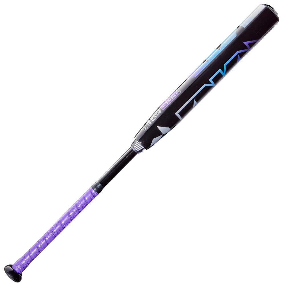 The 2026 DeMarini Prism+ (-11) Fastpitch Softball Bat (WBD2636010) features a black and purple design with blue geometric patterns on its Continuous Fiber Composite Barrel and a purple grip, shown on a white background.