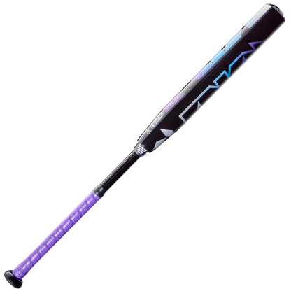 The 2026 DeMarini Prism+ (-11) Fastpitch Softball Bat (WBD2636010) features a black and purple design with blue geometric patterns on its Continuous Fiber Composite Barrel and a purple grip, shown on a white background.
