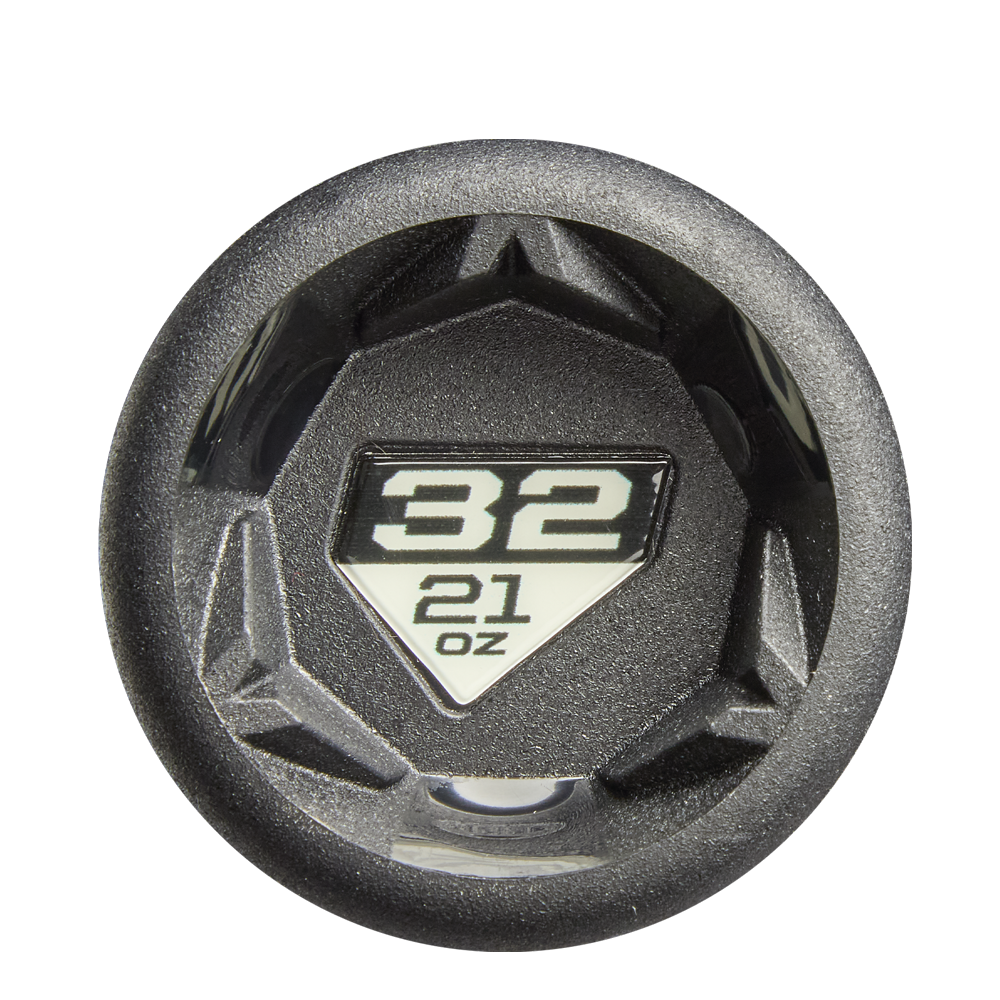 A close-up of the 2026 DeMarini Prism+ (-11) fastpitch softball bat’s black end cap highlights its length and weight (32"/21 oz) in bold white text.