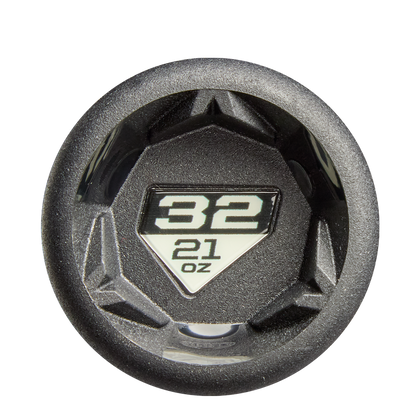 A close-up of the 2026 DeMarini Prism+ (-11) fastpitch softball bat’s black end cap highlights its length and weight (32"/21 oz) in bold white text.