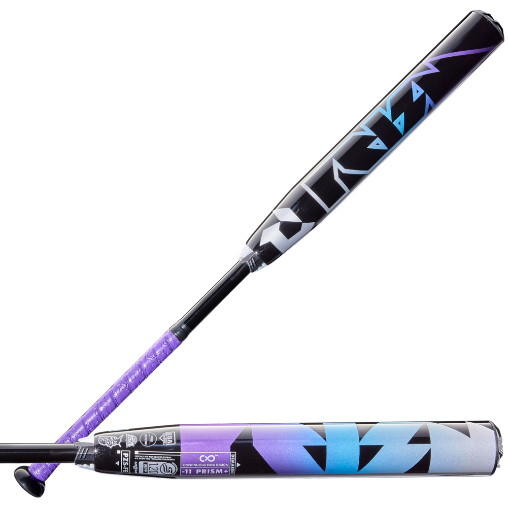 Two sleek DeMarini fastpitch bats in black, purple, and blue—one displays bold geometric graphics; the other is the 2026 DeMarini Prism+ (-11) WBD2636010 with a Prism+ handle and Continuous Fiber Composite Barrel in dynamic patterns.