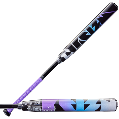 Two sleek DeMarini fastpitch bats in black, purple, and blue—one displays bold geometric graphics; the other is the 2026 DeMarini Prism+ (-11) WBD2636010 with a Prism+ handle and Continuous Fiber Composite Barrel in dynamic patterns.