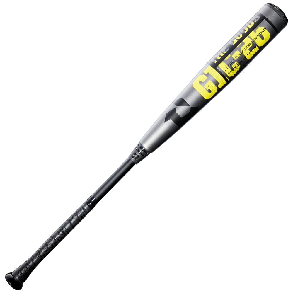 A DeMarini 2026 The Goods Gunmetal (-3) BBCOR Baseball Bat (WBD2650010) with a gray and black design, yellow and white writing on the X14 Alloy Barrel, and a textured black grip is shown on a plain white background.