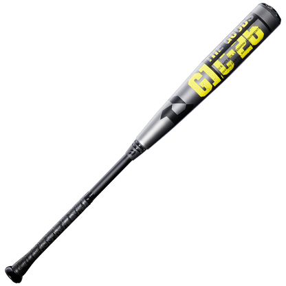 A DeMarini 2026 The Goods Gunmetal (-3) BBCOR Baseball Bat (WBD2650010) with a gray and black design, yellow and white writing on the X14 Alloy Barrel, and a textured black grip is shown on a plain white background.