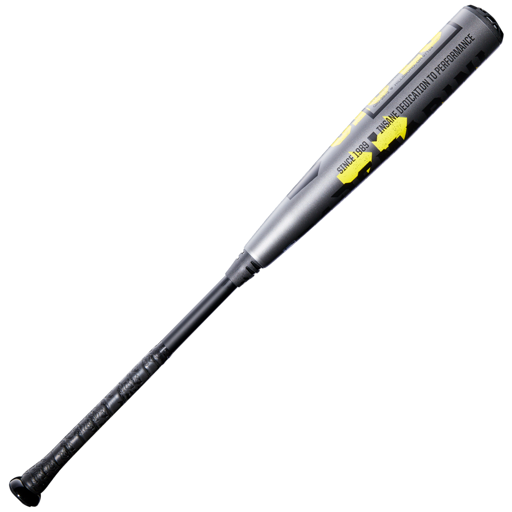 The 2026 DeMarini The Goods Gunmetal (-3) BBCOR Baseball Bat (WBD2650010) features a gray and black design with yellow graphics, a black grip, and X14 Alloy Barrel, shown on a plain white background.