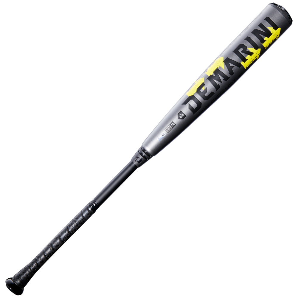 A gunmetal DeMarini 2026 The Goods Gunmetal (-3) BBCOR Baseball Bat (WBD2650010) with yellow and black branding on the X14 Alloy Barrel is shown against a light gray background.
