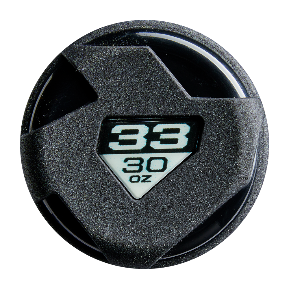 A round black end cap of a DeMarini 2026 The Goods Gunmetal (-3) BBCOR Baseball Bat partly covers a display with “33” over “30 oz” in white text on a triangular background.