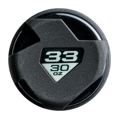 A round black end cap of a DeMarini 2026 The Goods Gunmetal (-3) BBCOR Baseball Bat partly covers a display with “33” over “30 oz” in white text on a triangular background.