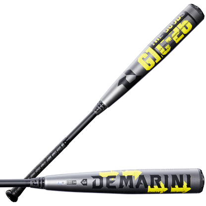 Two DeMarini 2026 The Goods Gunmetal (-3) BBCOR bats are shown. One highlights “THE GOODS” and “G13-26” in bold yellow/white on its X14 Alloy Barrel; the other displays the DeMarini logo and brand name.