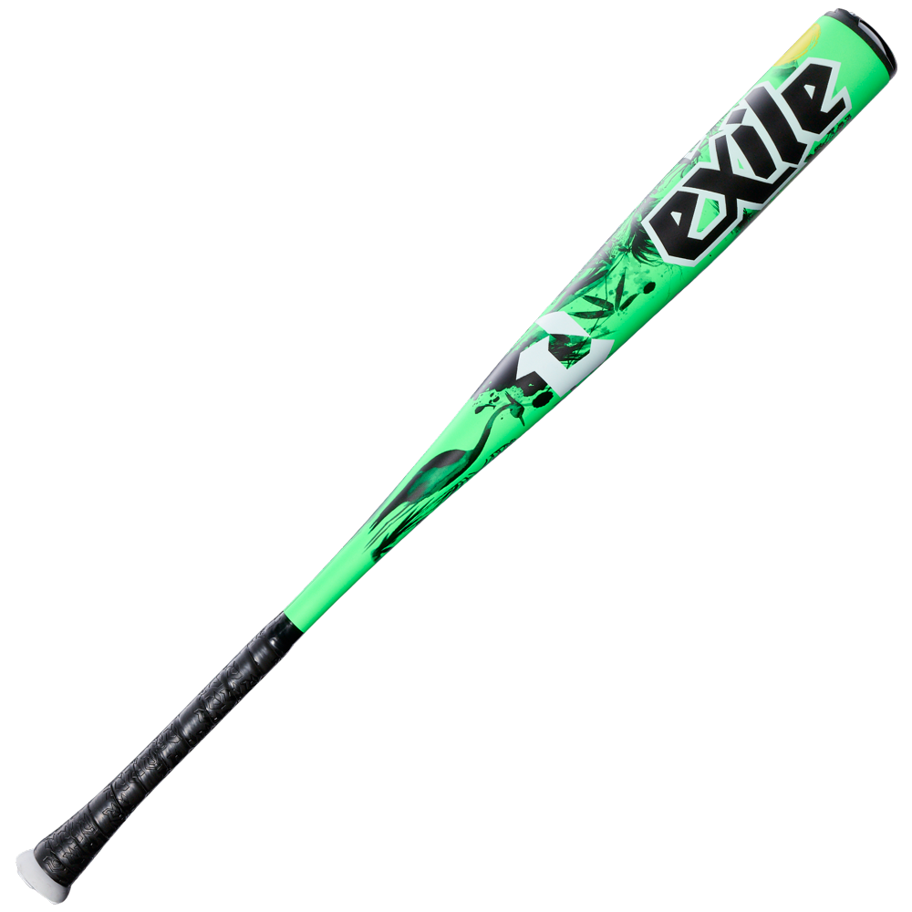 The 2026 DeMarini Exile Samurai (-3) BBCOR Baseball Bat (WBD2652010) features a bright green X14 Alloy Barrel, black grip tape, and bold "Exile" lettering—ideal for elite high school and college players.