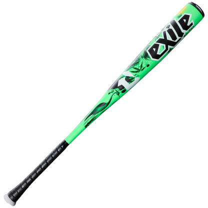 The 2026 DeMarini Exile Samurai (-3) BBCOR Baseball Bat (WBD2652010) features a bright green X14 Alloy Barrel, black grip tape, and bold "Exile" lettering—ideal for elite high school and college players.