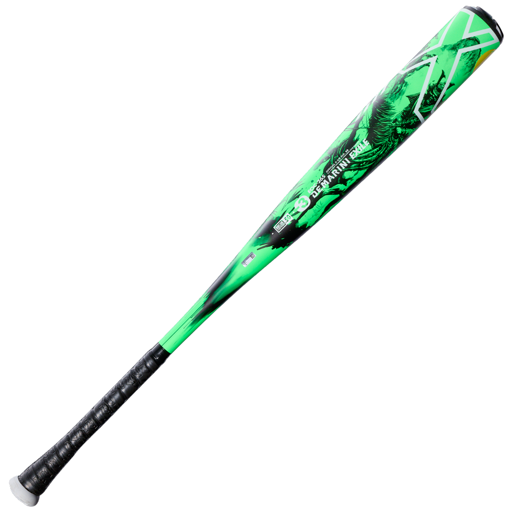 The 2026 DeMarini Exile Samurai (-3) BBCOR Baseball Bat (WBD2652010) features a green and black design, neon accents, textured black grip, graphic barrel, tapered handle, and an X14 Alloy Barrel—ideal for elite high school and college players.