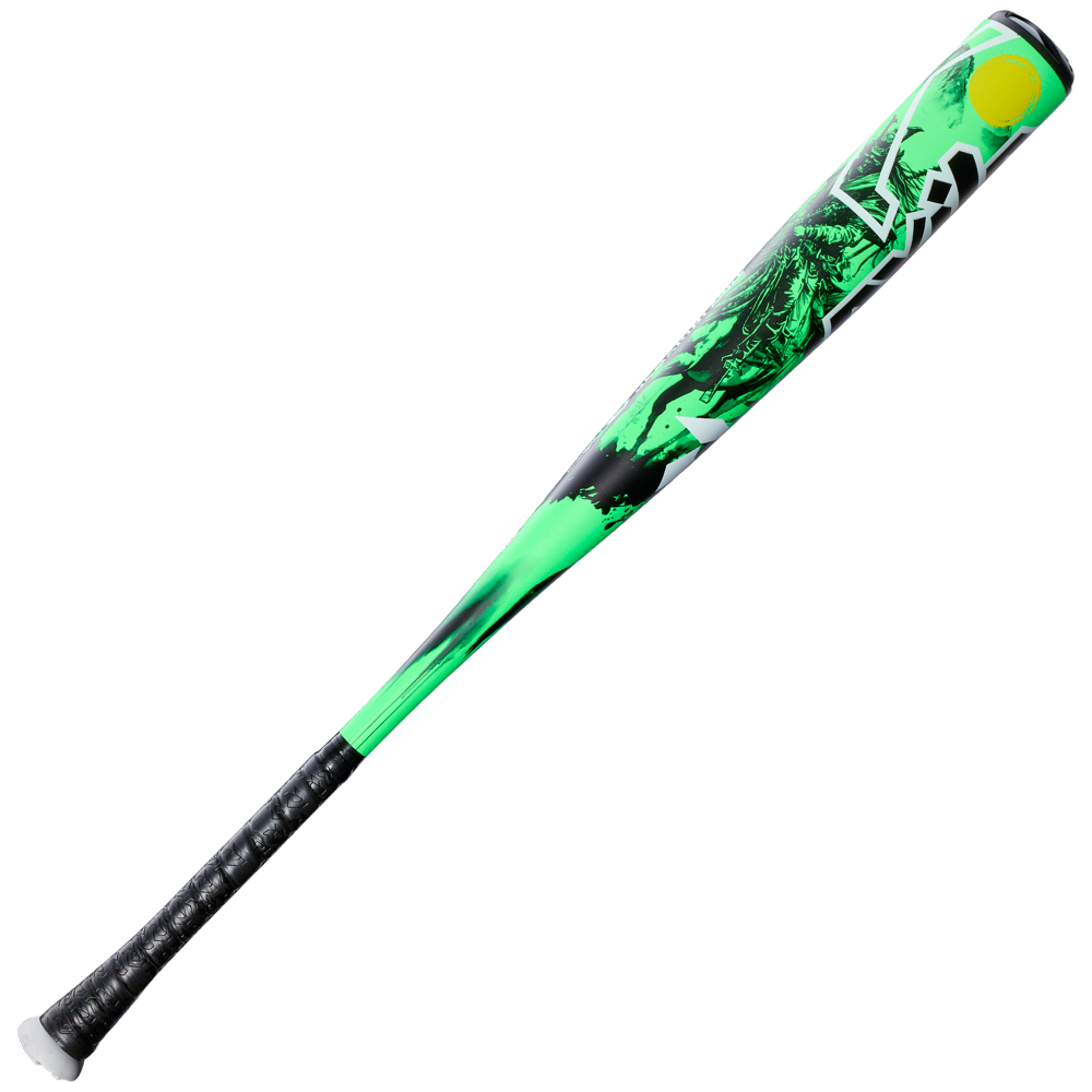 The 2026 DeMarini Exile Samurai (-3) BBCOR Baseball Bat (WBD2652010) features a black handle and a bright green, black, and yellow X14 Alloy Barrel—perfect for elite high school and college players.