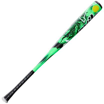 The 2026 DeMarini Exile Samurai (-3) BBCOR Baseball Bat (WBD2652010) features a black handle and a bright green, black, and yellow X14 Alloy Barrel—perfect for elite high school and college players.