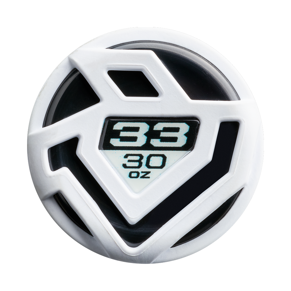 A circular white and black object with a geometric design and "33" and "30 oz" at its center, inspired by the 2026 DeMarini Exile Samurai (-3) BBCOR Baseball Bat: WBD2652010 used by top high school and college players.
