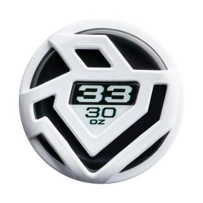 A circular white and black object with a geometric design and "33" and "30 oz" at its center, inspired by the 2026 DeMarini Exile Samurai (-3) BBCOR Baseball Bat: WBD2652010 used by top high school and college players.