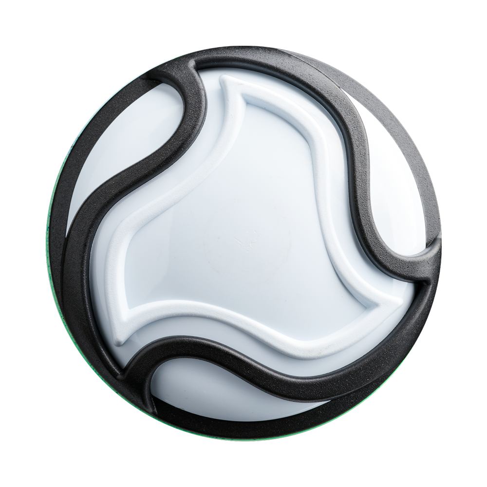 A round, white object with black, wavy lines curves around its surface in a modern, abstract style inspired by the 2026 DeMarini Exile Samurai (-3) BBCOR Baseball Bat: WBD2652010. The background is plain light gray.