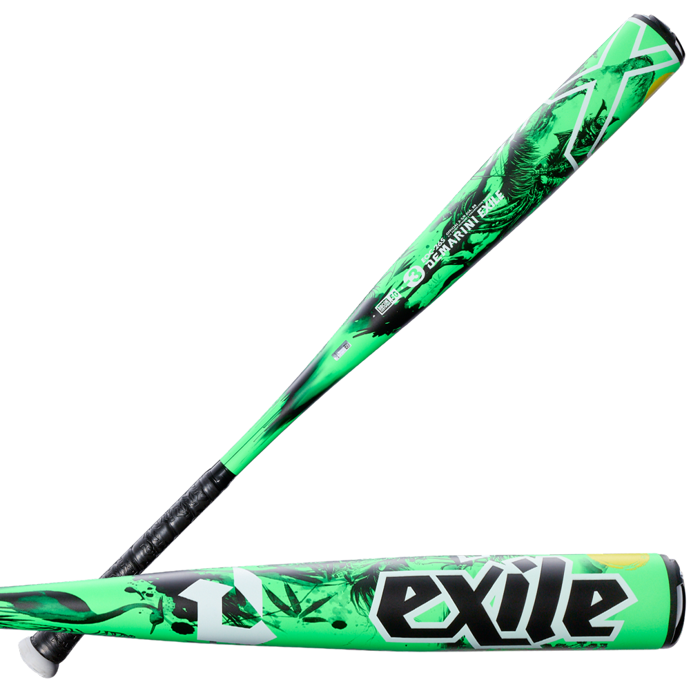 Two green and black 2026 DeMarini Exile Samurai (-3) BBCOR Baseball Bats (WBD2652010) are shown—one highlighting the X14 Alloy Barrel, the other the handle. Ideal for elite high school and college players.