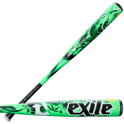 Two green and black 2026 DeMarini Exile Samurai (-3) BBCOR Baseball Bats (WBD2652010) are shown—one highlighting the X14 Alloy Barrel, the other the handle. Ideal for elite high school and college players.