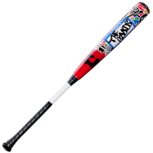 A DeMarini 2026 The Goods Sticker Bomb (-3) BBCOR Baseball Bat (WBD2653010) with a black handle, white middle, and red/blue barrel featuring vibrant graffiti-style graphics.