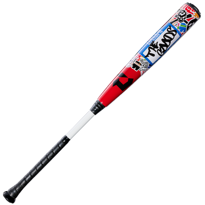 A DeMarini 2026 The Goods Sticker Bomb (-3) BBCOR Baseball Bat (WBD2653010) with a black handle, white middle, and red/blue barrel featuring vibrant graffiti-style graphics.